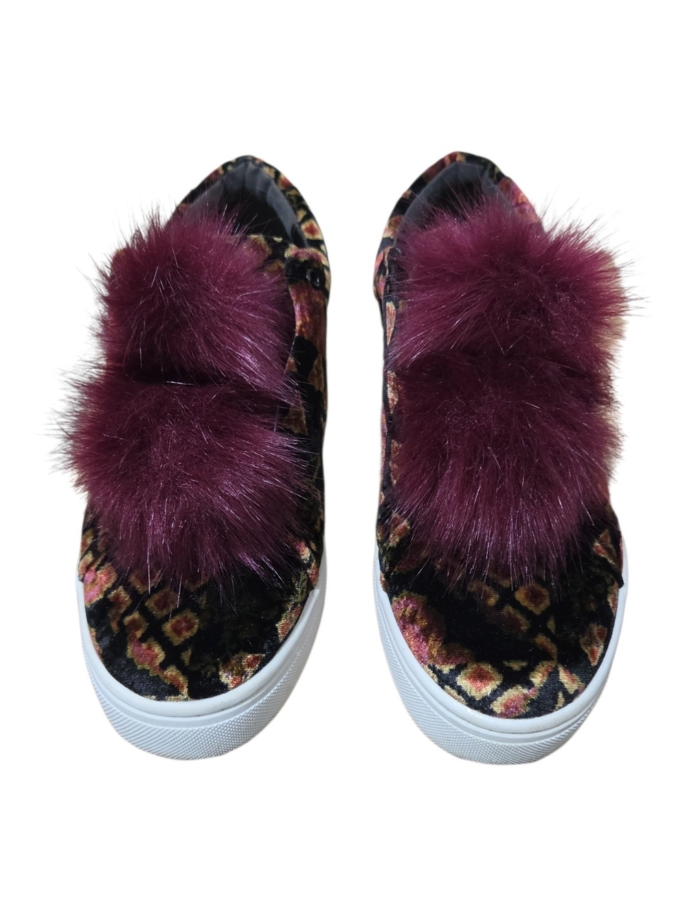 Sam Edelman Leya Black Velvet Slip On Sneakers with Burgundy Fur Pom Size 10M - Picture 4 of 10